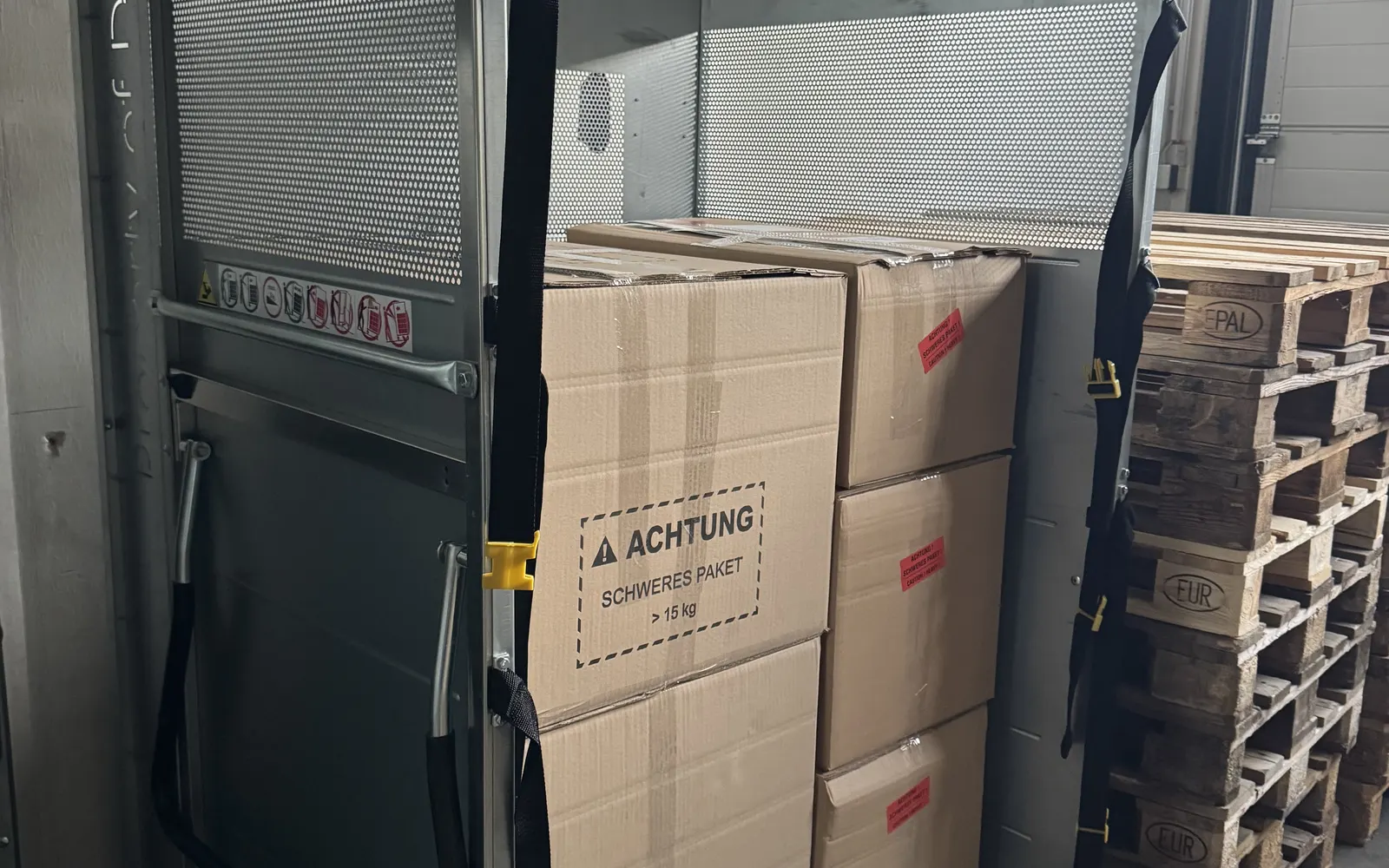 Versandfertige Kartons auf einem Rollwagen vor dem Rolltor, daneben gestapelte Europaletten