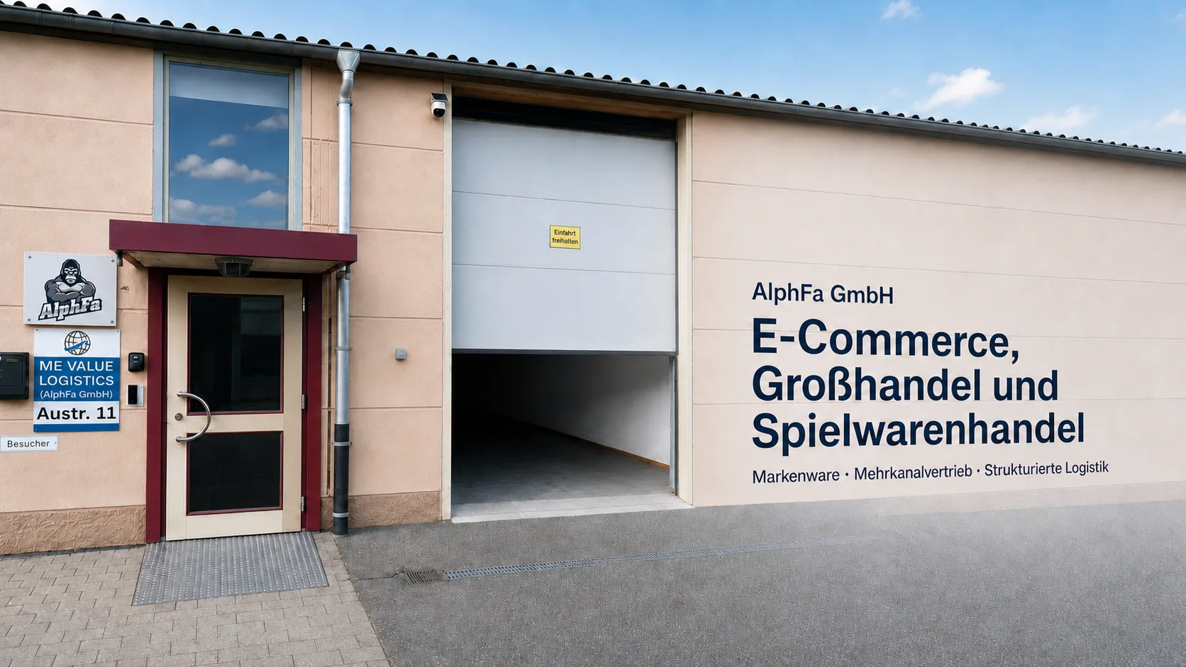 Betriebsgebäude der AlphFa GmbH mit Rolltor und der Wandaufschrift E-Commerce, Großhandel und Spielwarenhandel